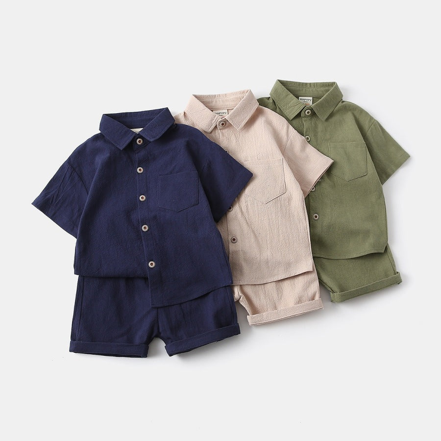 Solid Lapel Short Sleeve Shirt Set for Boys