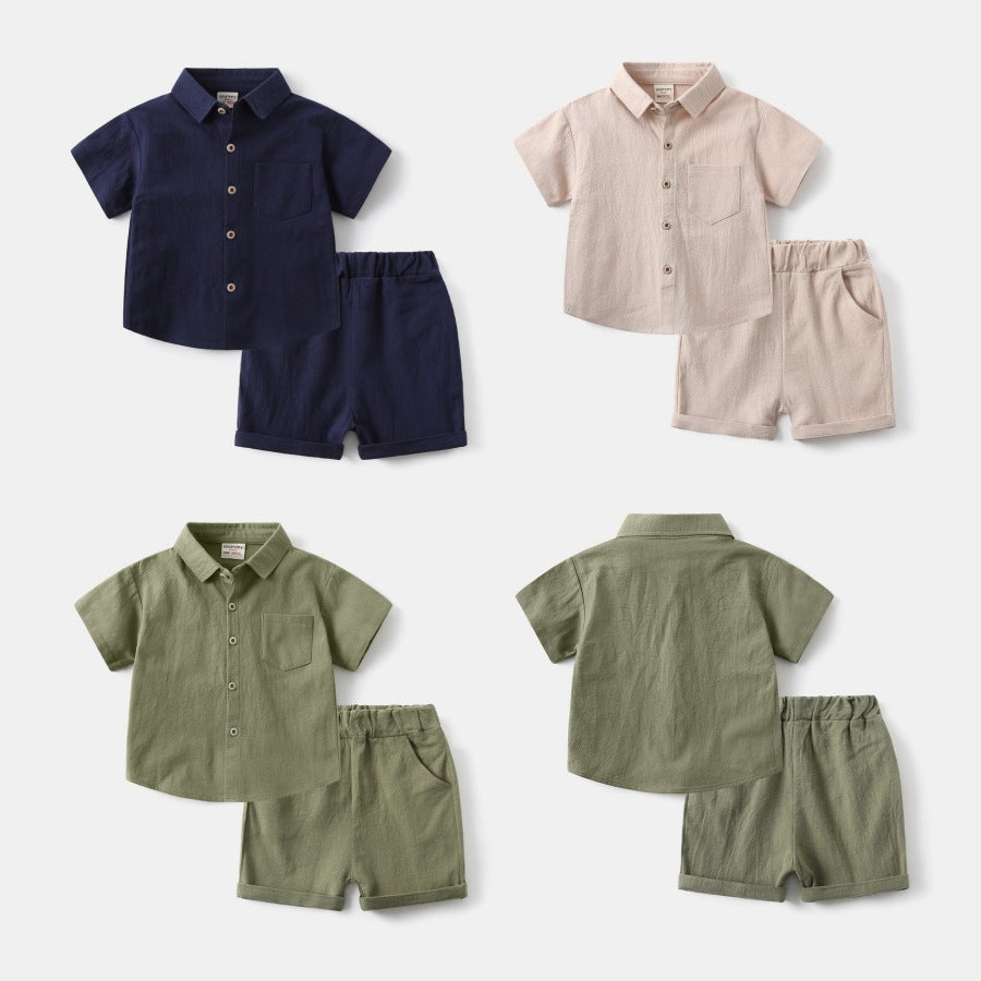 Solid Lapel Short Sleeve Shirt Set for Boys