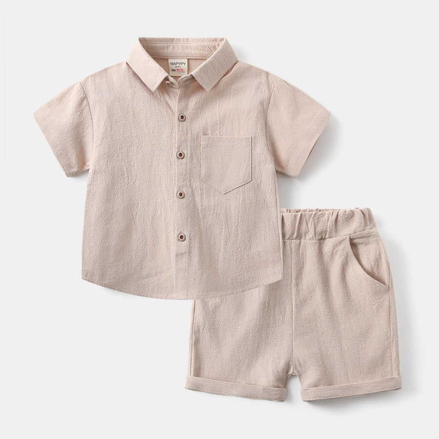 Solid Lapel Short Sleeve Shirt Set for Boys
