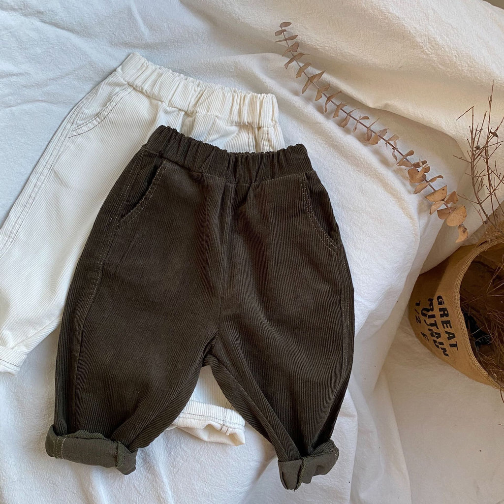 White & Green-Brown Corduroy Pants