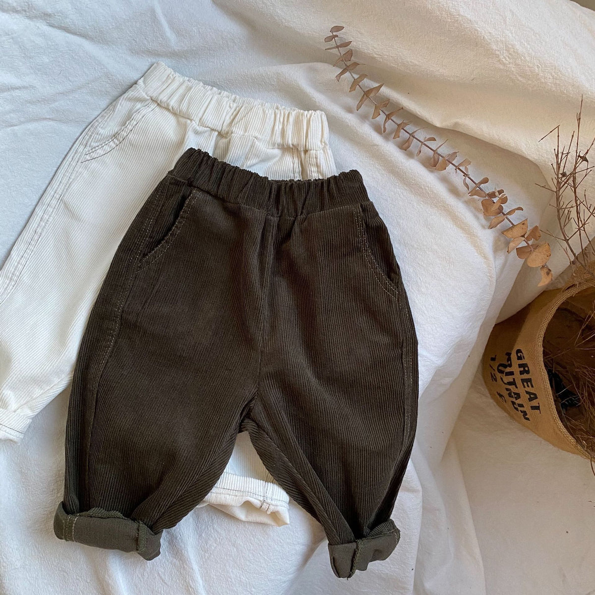 White & Green-Brown Corduroy Pants