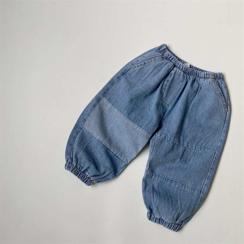 Light Blue Patchwork Drawstring Jeans