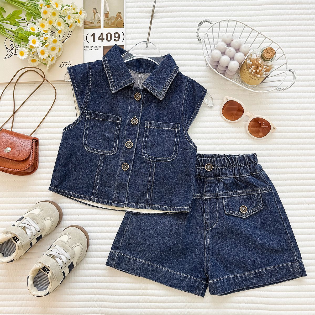 Denim Vest & Shorts Two-Piece Set for Girls