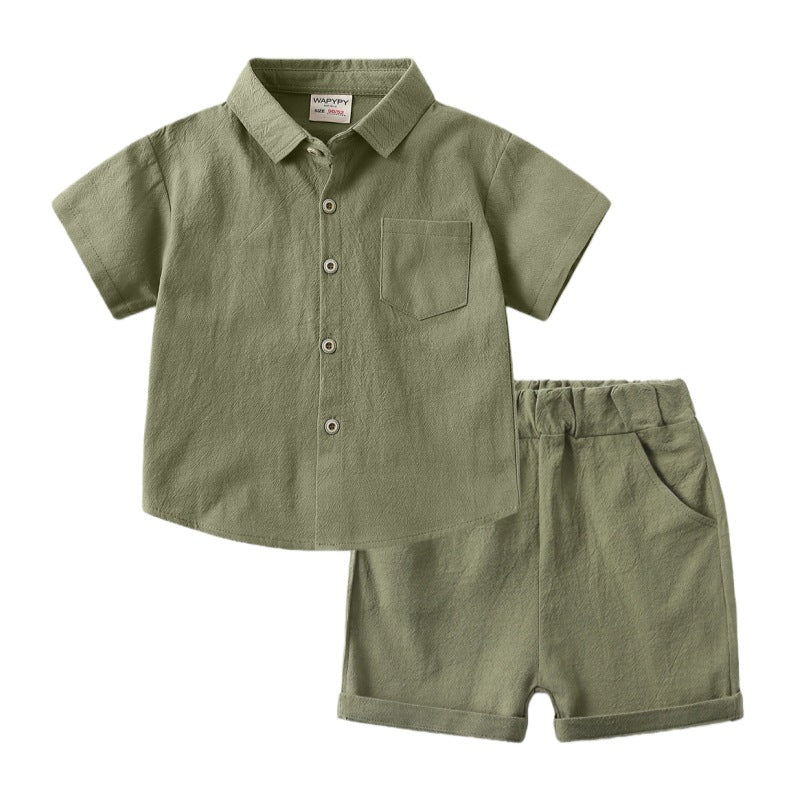 Solid Lapel Short Sleeve Shirt Set for Boys