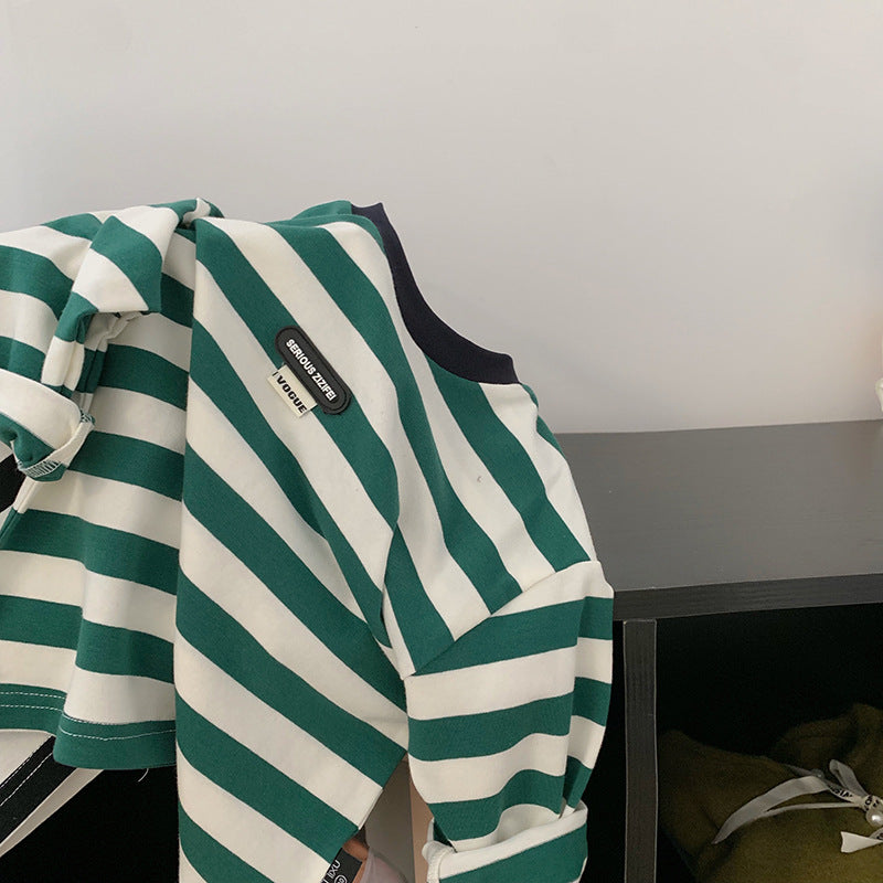 Green Striped Contrast Shirt for Kids