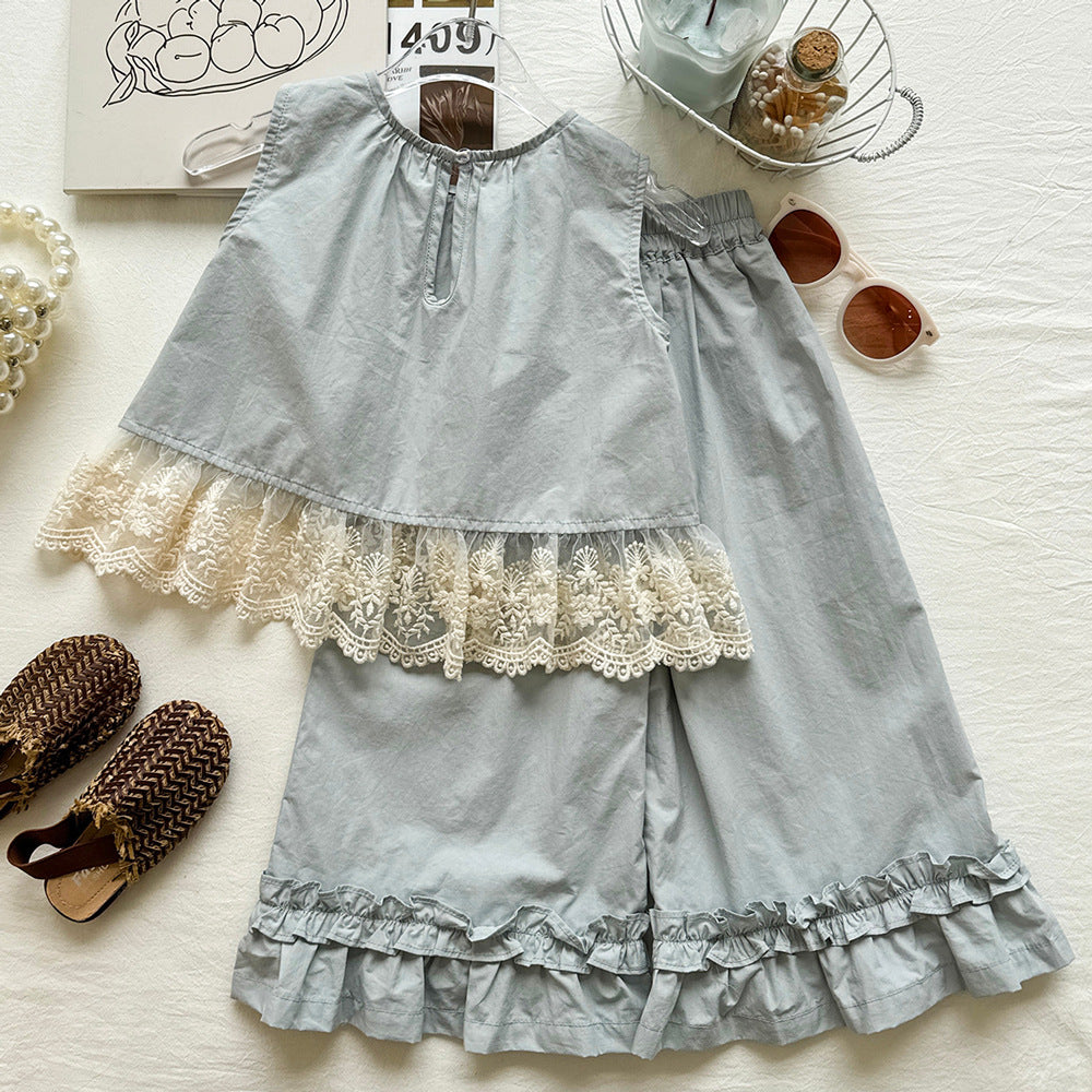 Peter Pan Collar Ruffle Blouse & Wide-Leg Set
