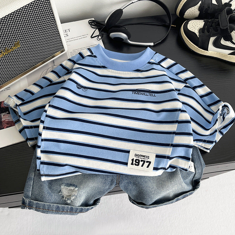 Striped Short Sleeve & Shorts Two-Piece Set