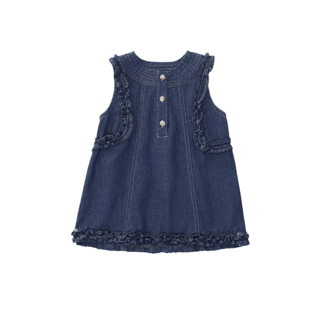 Lace-Trim Sleeveless Denim Dress for Girls
