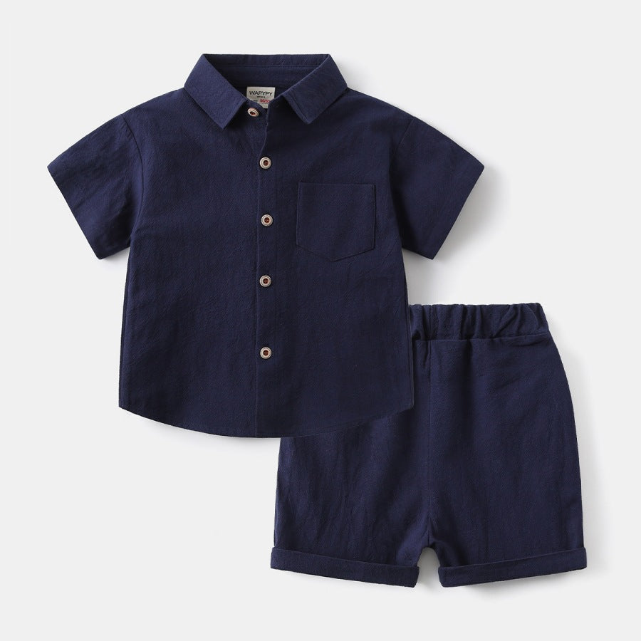 Solid Lapel Short Sleeve Shirt Set for Boys