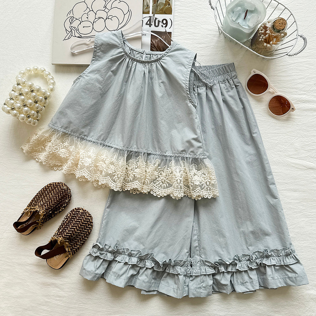 Peter Pan Collar Ruffle Blouse & Wide-Leg Set