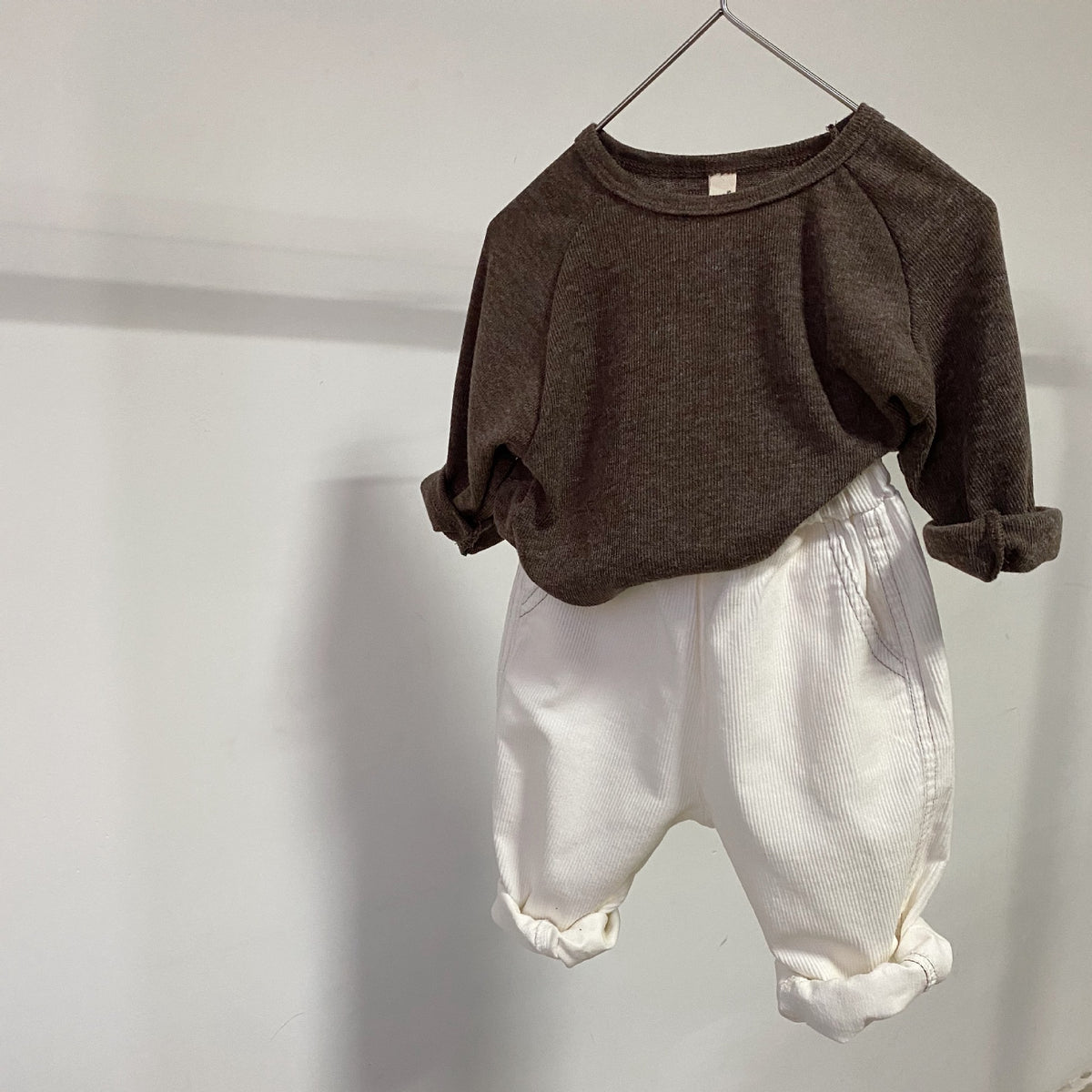 White & Green-Brown Corduroy Pants