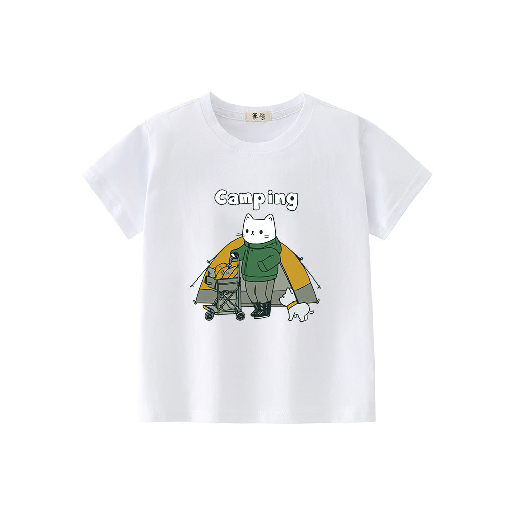 Camping Cat Print Short Sleeve Tee
