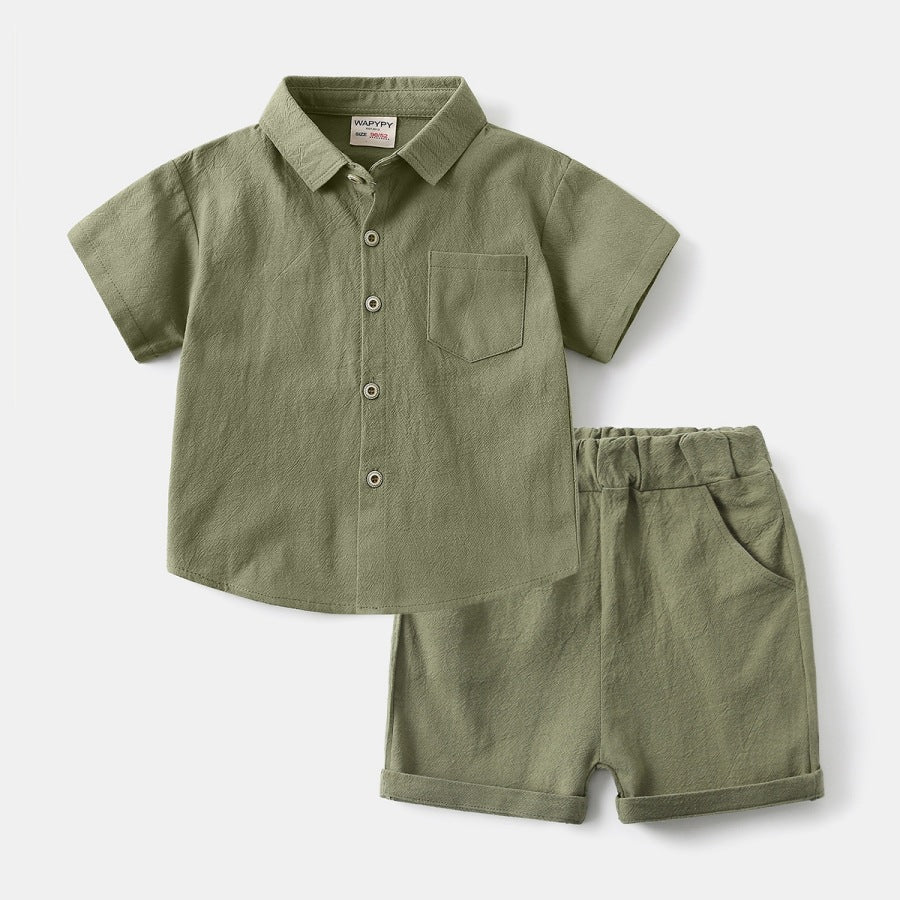 Solid Lapel Short Sleeve Shirt Set for Boys