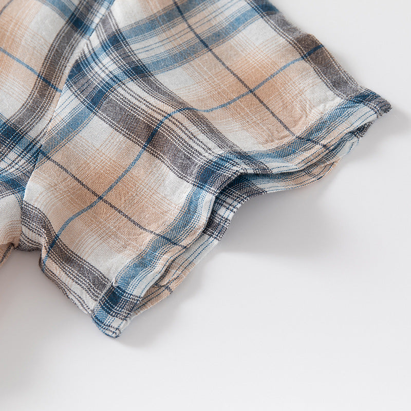 Khaki Blue Plaid Short Sleeve Shirt