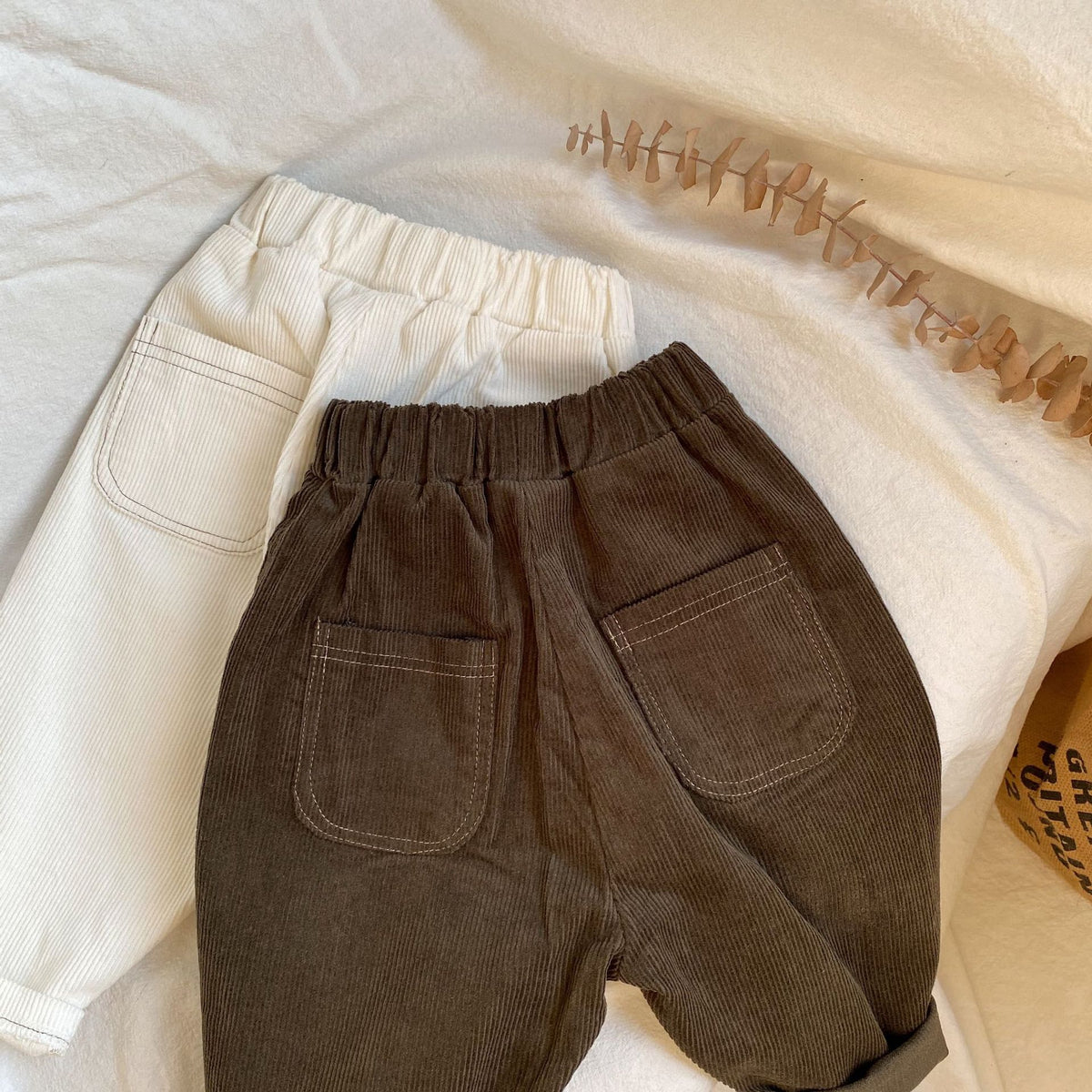 White & Green-Brown Corduroy Pants
